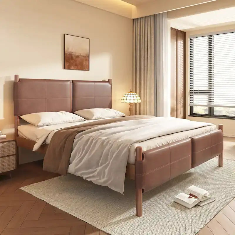 Queen Platform Bed with Upholstered Headboard and Solid Wood Frame
