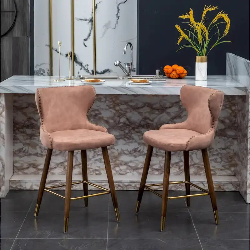 Tabouret de comptoir mi-siècle moderne en similicuir touffeté avec garniture cloutée, lot de 2
