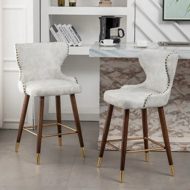 Mid-century Modern Faux Leather Tufted Nailhead Trim Counter Stool of 2