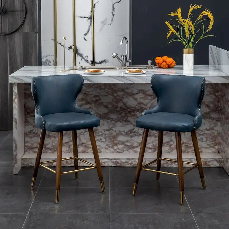  Nevis Mid-century Modern Faux Leather Tufted Nailhead Trim Counter Stool of 2