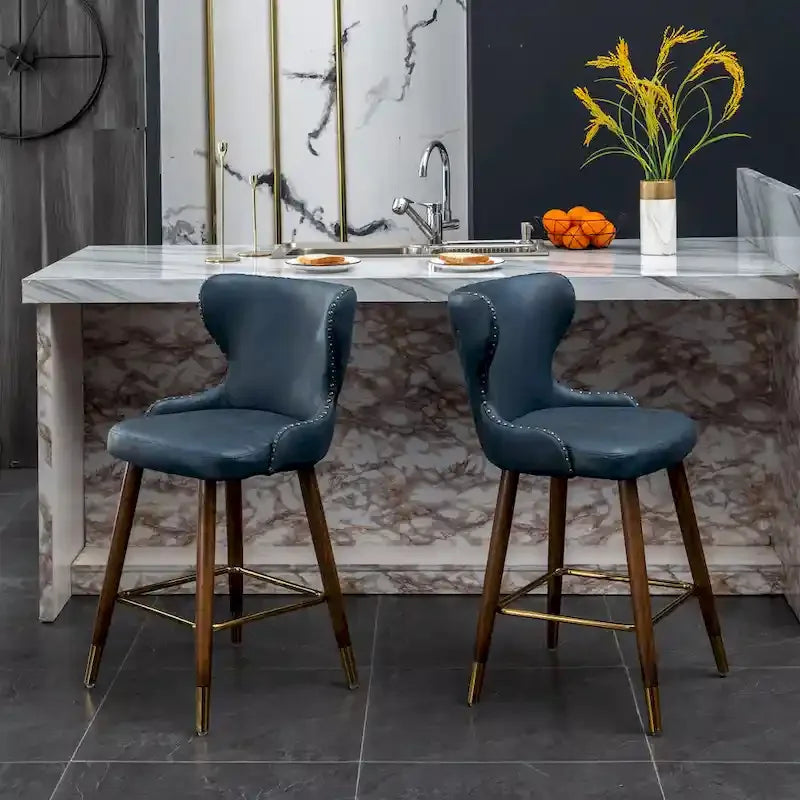 Mid-century Modern Faux Leather Tufted Nailhead Trim Counter Stool of 2