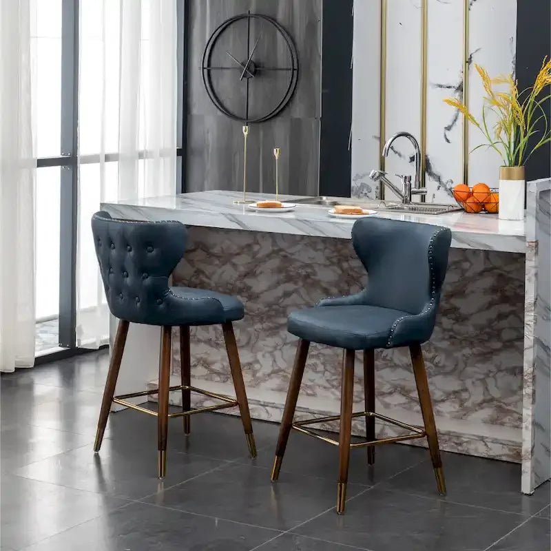 Mid-century Modern Faux Leather Tufted Nailhead Trim Counter Stool of 2