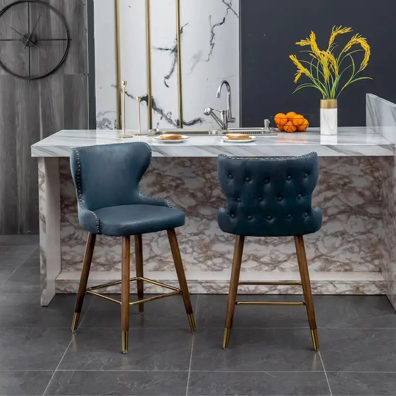 Mid-century Modern Faux Leather Tufted Nailhead Trim Counter Stool of 2