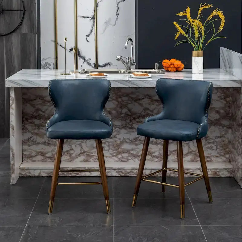 Tabouret de comptoir mi-siècle moderne en similicuir touffeté avec garniture cloutée, lot de 2