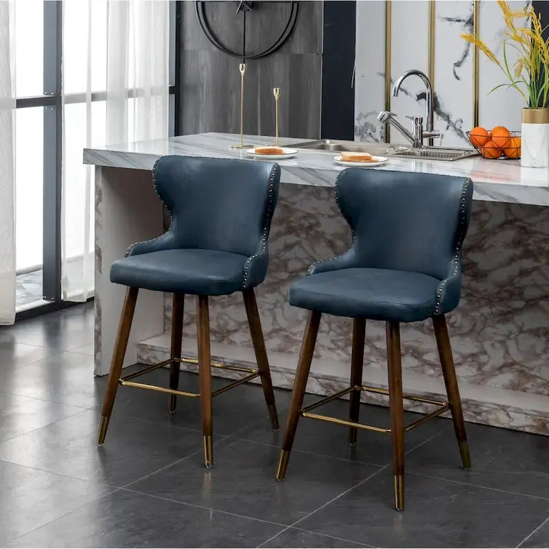 Tabouret de comptoir mi-siècle moderne en similicuir touffeté avec garniture cloutée, lot de 2