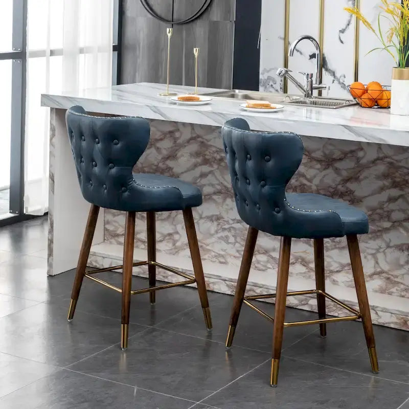 Tabouret de comptoir mi-siècle moderne en similicuir touffeté avec garniture cloutée, lot de 2