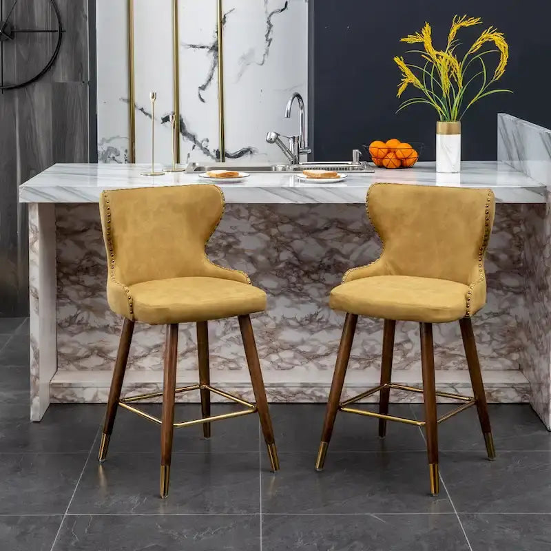 Tabouret de comptoir mi-siècle moderne en similicuir touffeté avec garniture cloutée, lot de 2