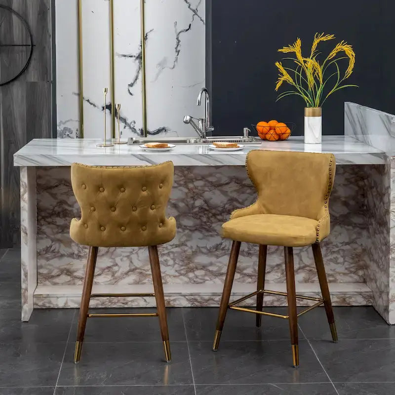 Tabouret de comptoir mi-siècle moderne en similicuir touffeté avec garniture cloutée, lot de 2
