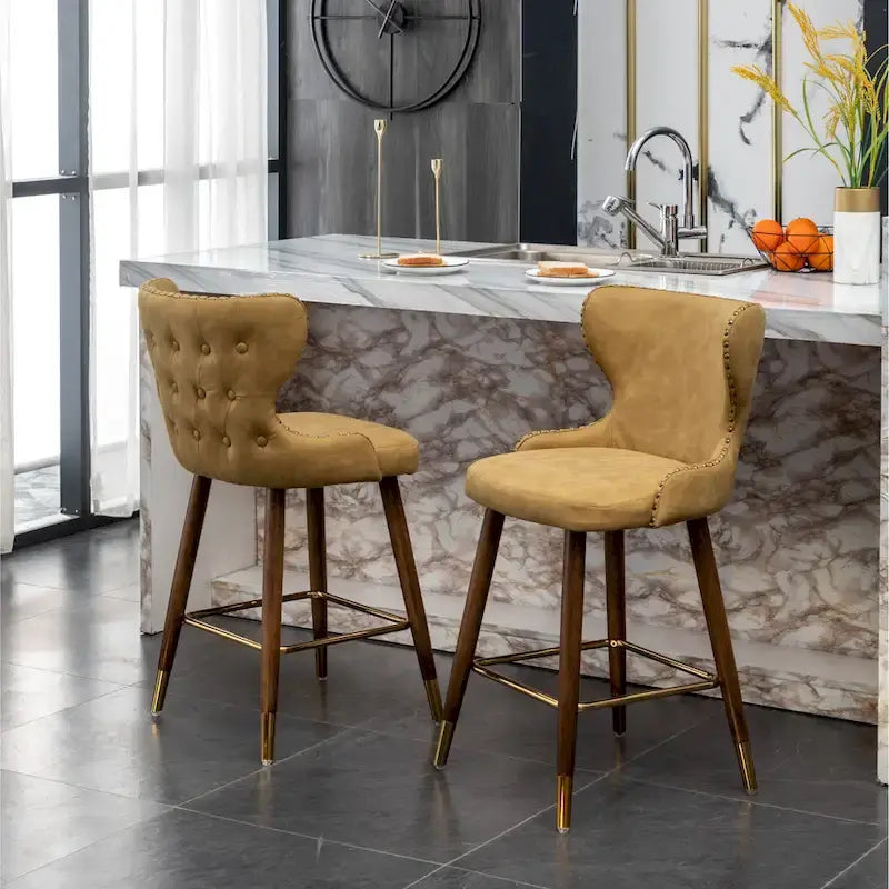 Tabouret de comptoir mi-siècle moderne en similicuir touffeté avec garniture cloutée, lot de 2