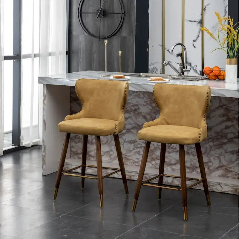Tabouret de comptoir mi-siècle moderne en similicuir touffeté avec garniture cloutée, lot de 2