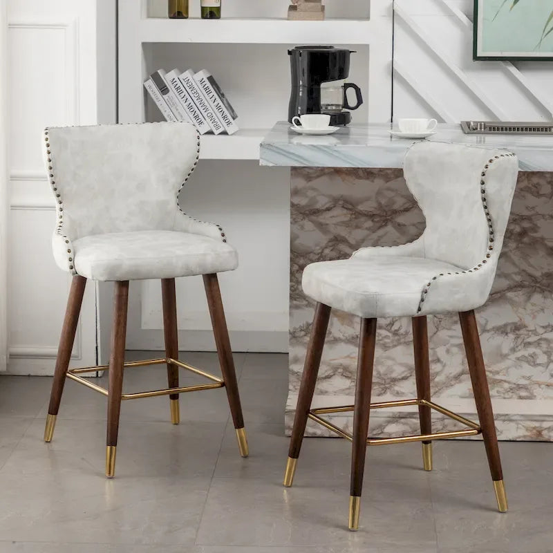 Tabouret de comptoir mi-siècle moderne en similicuir touffeté avec garniture cloutée, lot de 2
