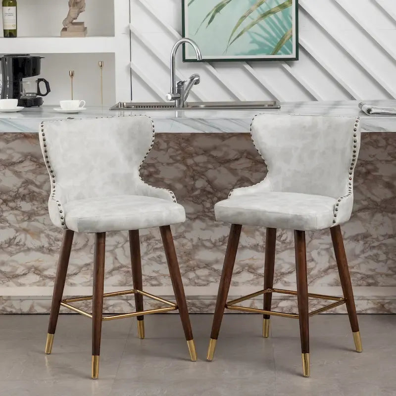 Tabouret de comptoir mi-siècle moderne en similicuir touffeté avec garniture cloutée, lot de 2