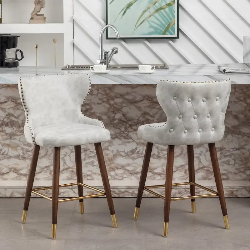 Tabouret de comptoir mi-siècle moderne en similicuir touffeté avec garniture cloutée, lot de 2