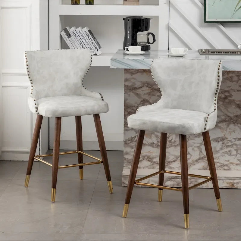 Tabouret de comptoir mi-siècle moderne en similicuir touffeté avec garniture cloutée, lot de 2