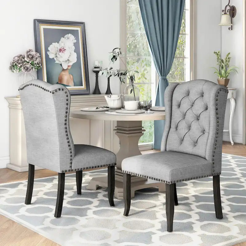 Tufted Linen Wingback Dining Chairs (of 2)