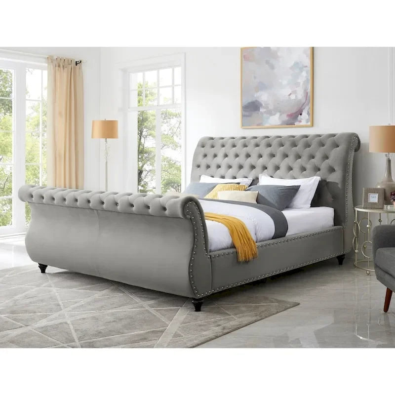  Evora Grey Velvet Button-tufted Sleigh Bed