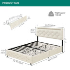 Lit plateforme Queen réglable avec tête de lit capitonnée et cadre de lit LED avec 4 tiroirs de rangement