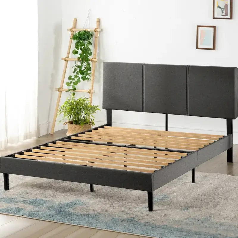  Grey Upholstered Platform Bed Frame with Sustainable Bamboo Slats