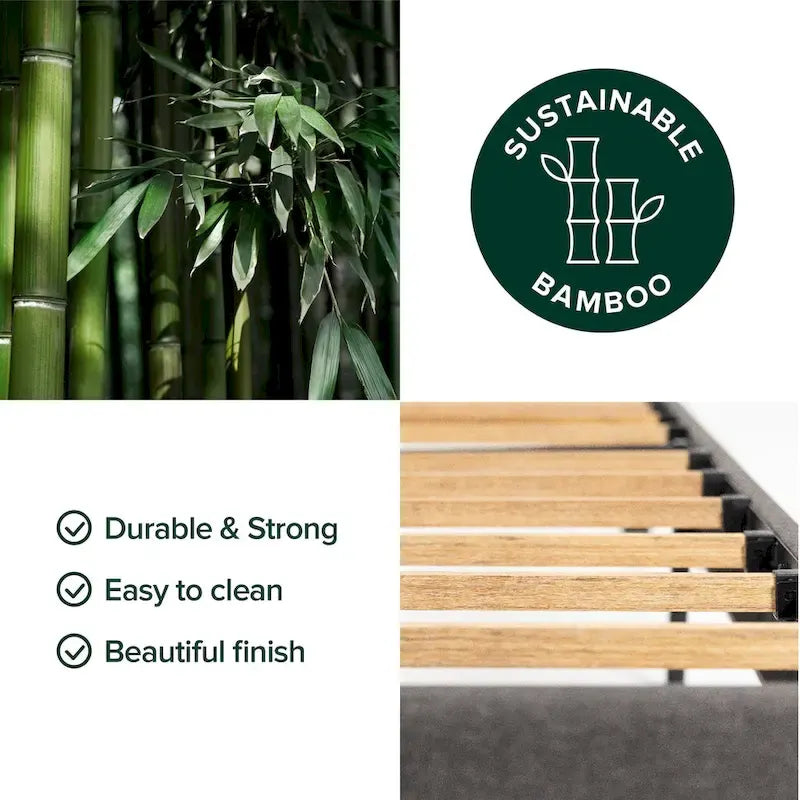 Grey Upholstered Platform Bed Frame with Sustainable Bamboo Slats