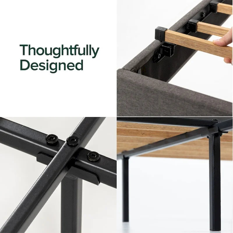 Grey Upholstered Platform Bed Frame with Sustainable Bamboo Slats