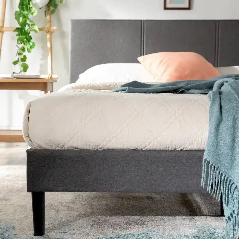 Grey Upholstered Platform Bed Frame with Sustainable Bamboo Slats