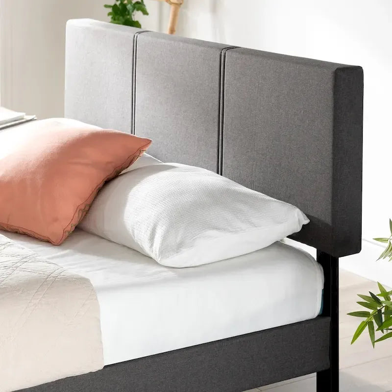 Grey Upholstered Platform Bed Frame with Sustainable Bamboo Slats