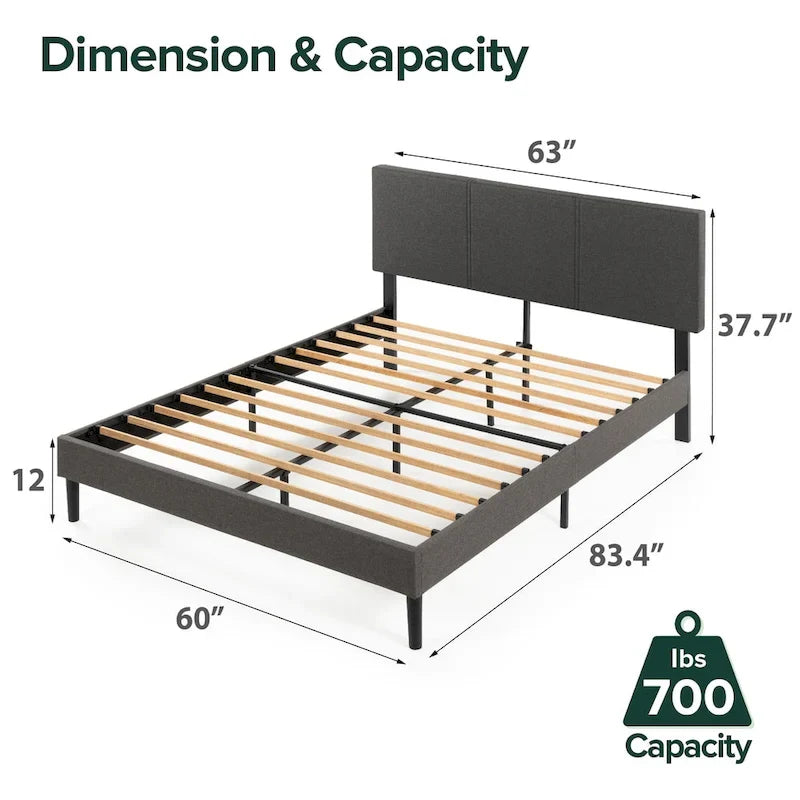 Grey Upholstered Platform Bed Frame with Sustainable Bamboo Slats