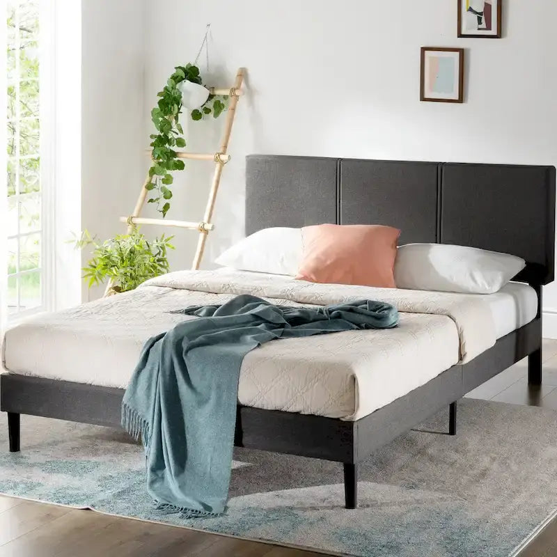 Grey Upholstered Platform Bed Frame with Sustainable Bamboo Slats