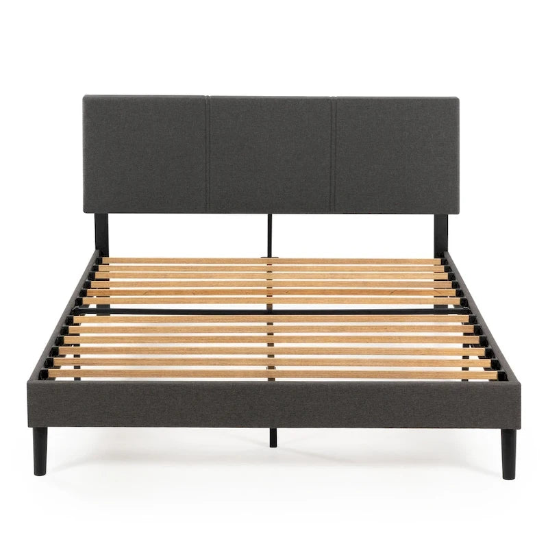 Grey Upholstered Platform Bed Frame with Sustainable Bamboo Slats