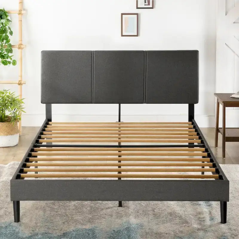 Grey Upholstered Platform Bed Frame with Sustainable Bamboo Slats