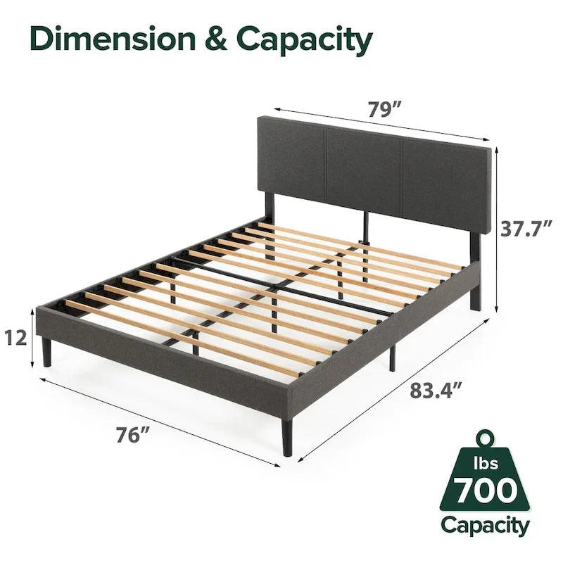 Grey Upholstered Platform Bed Frame with Sustainable Bamboo Slats