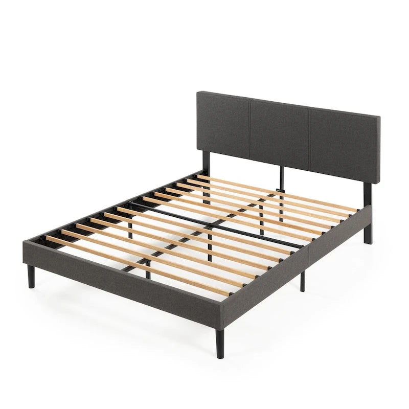 Grey Upholstered Platform Bed Frame with Sustainable Bamboo Slats
