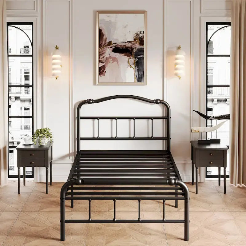 Heavy-Duty Anti-Wobble 14 Inch Bed Frame With Wavy Art Headboard, No Needed Box Spring