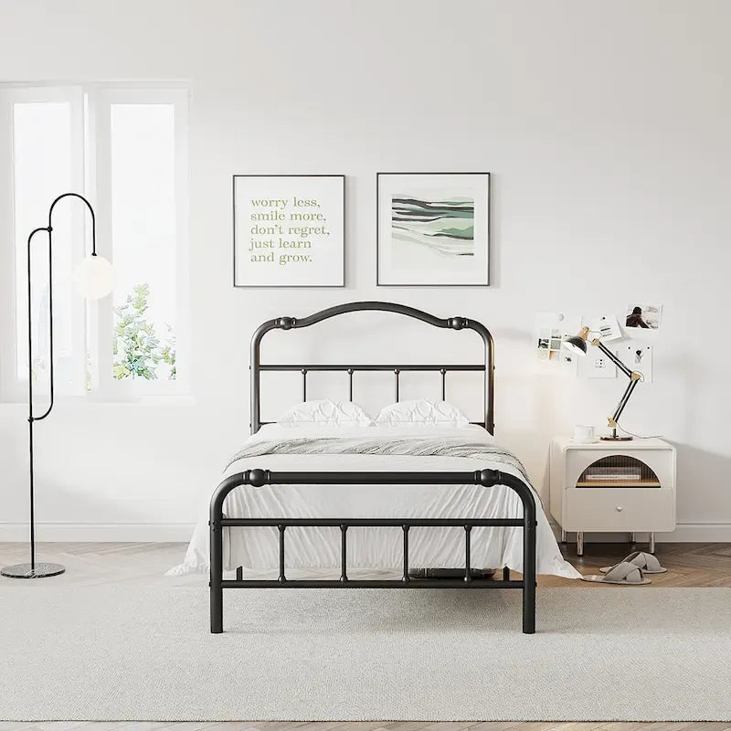 Heavy-Duty Anti-Wobble 14 Inch Bed Frame With Wavy Art Headboard, No Needed Box Spring