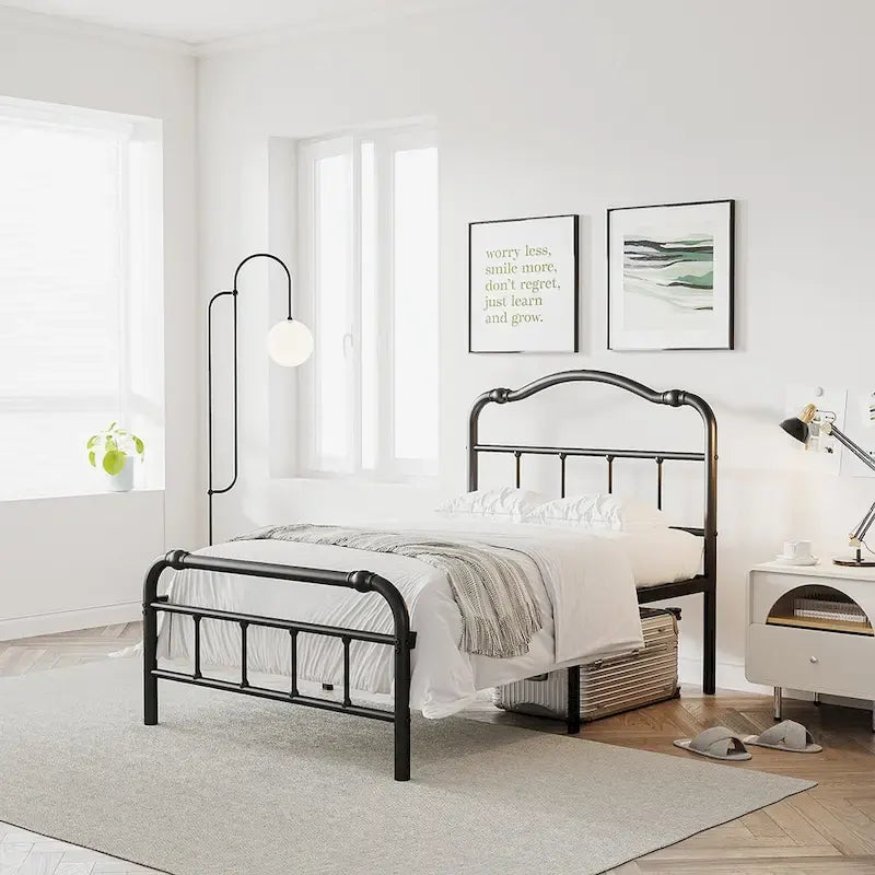 Heavy-Duty Anti-Wobble 14 Inch Bed Frame With Wavy Art Headboard, No Needed Box Spring