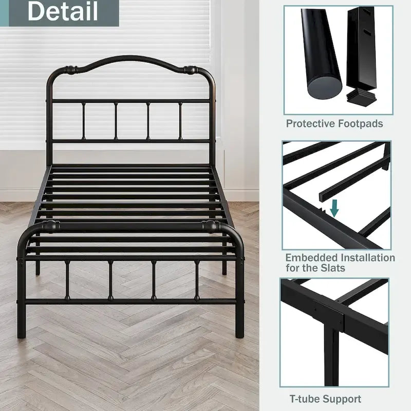 Heavy-Duty Anti-Wobble 14 Inch Bed Frame With Wavy Art Headboard, No Needed Box Spring