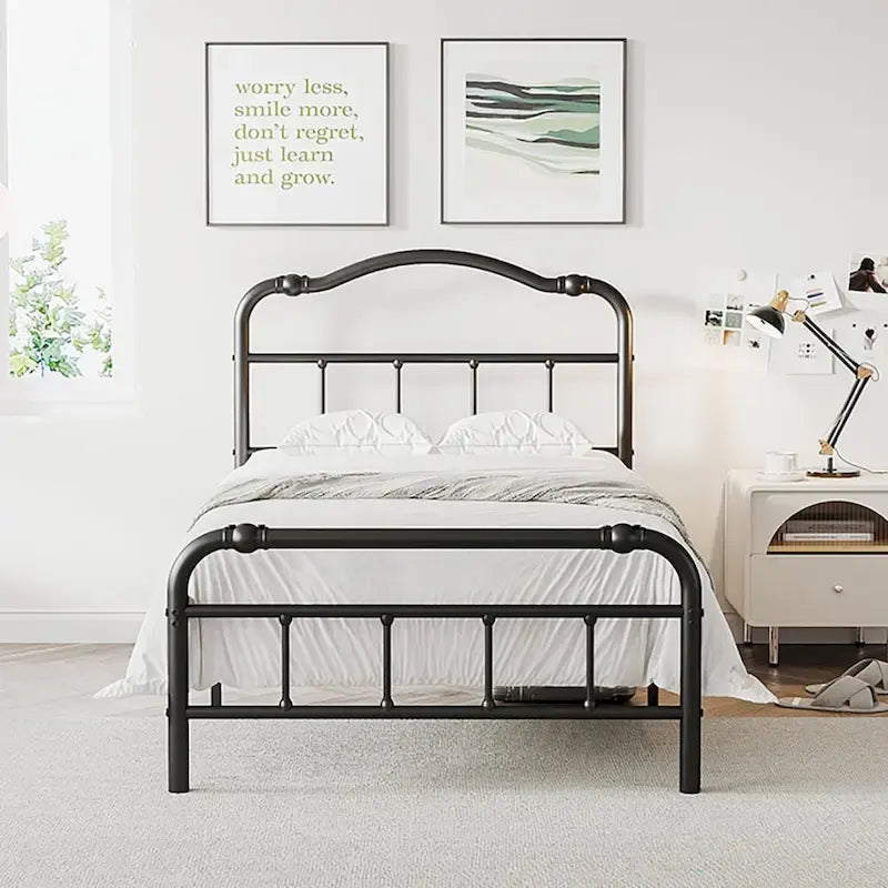 Heavy-Duty Anti-Wobble 14 Inch Bed Frame With Wavy Art Headboard, No Needed Box Spring