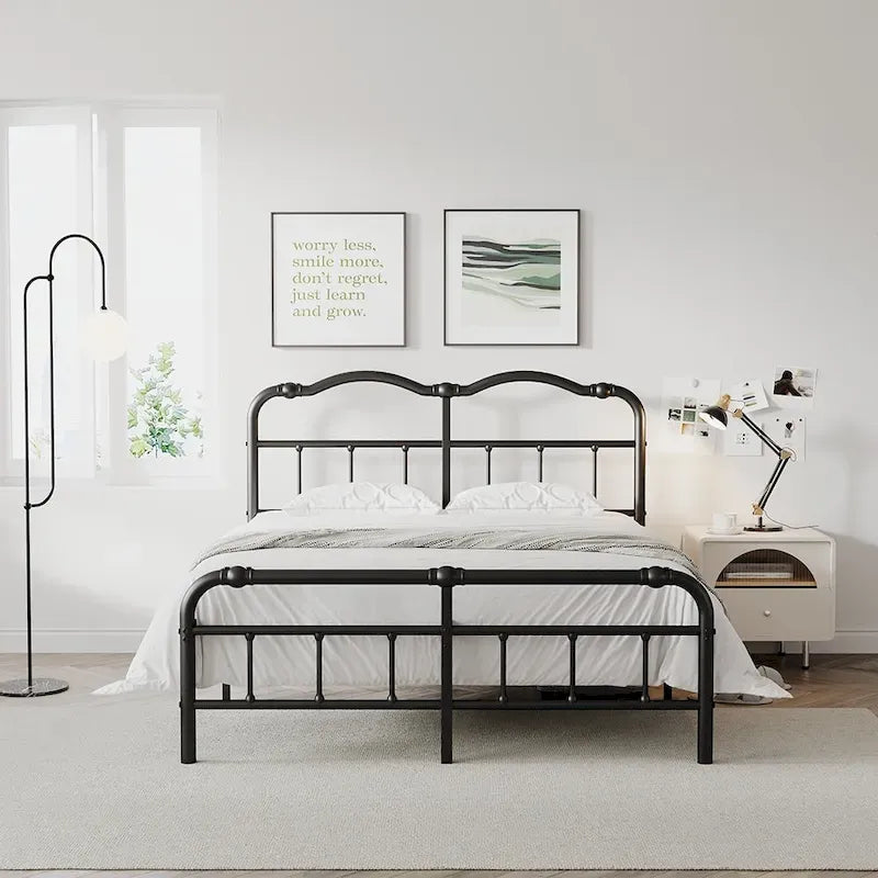 Heavy-Duty Anti-Wobble 14 Inch Bed Frame With Wavy Art Headboard, No Needed Box Spring