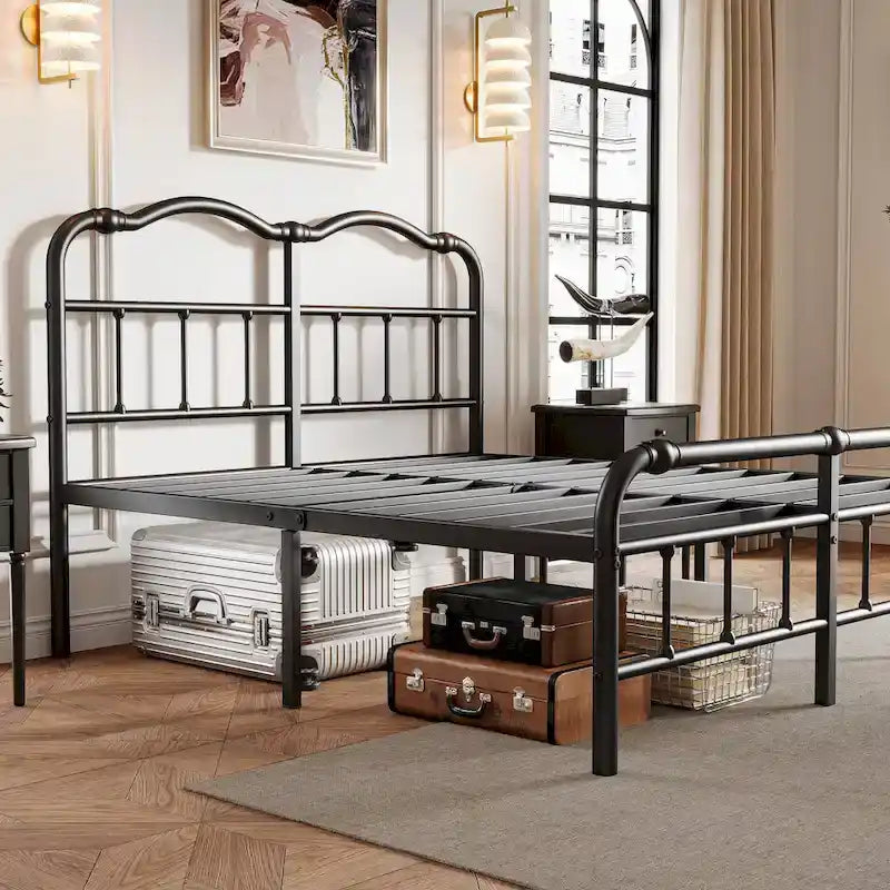 Heavy-Duty Anti-Wobble 14 Inch Bed Frame With Wavy Art Headboard, No Needed Box Spring