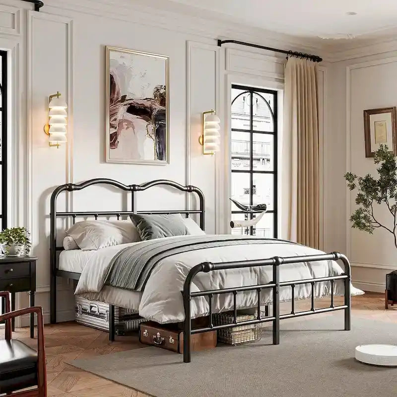 Heavy-Duty Anti-Wobble 14 Inch Bed Frame With Wavy Art Headboard, No Needed Box Spring
