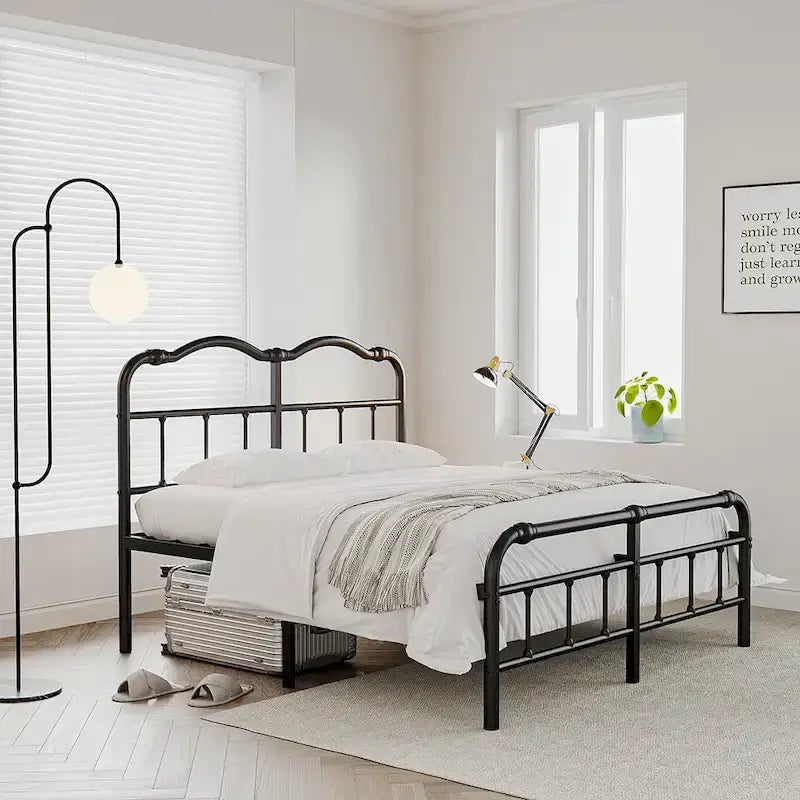 Heavy-Duty Anti-Wobble 14 Inch Bed Frame With Wavy Art Headboard, No Needed Box Spring