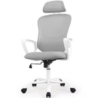 Chaise de bureau ergonomique, chaise d'ordinateur confortable en maille à dossier haut avec accoudoirs fixes et appuie-tête réglable, chaise pivotante à roulettes