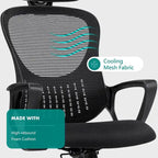 Chaise de bureau ergonomique, chaise d'ordinateur confortable en maille à dossier haut avec accoudoirs fixes et appuie-tête réglable, chaise pivotante à roulettes