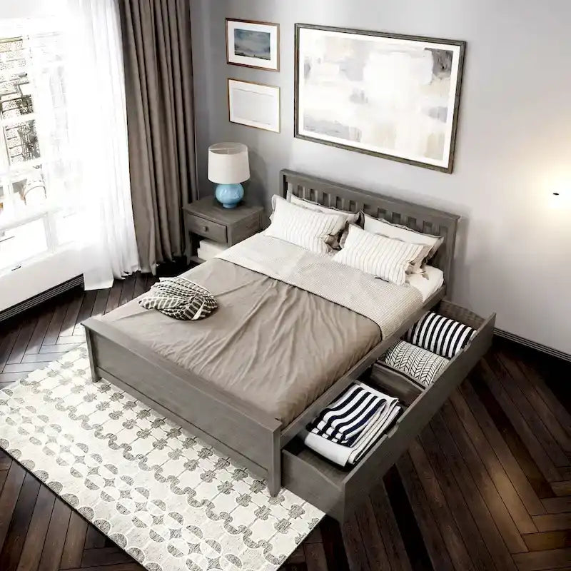 Queen Bed with Storage Drawers and Slat Headboard