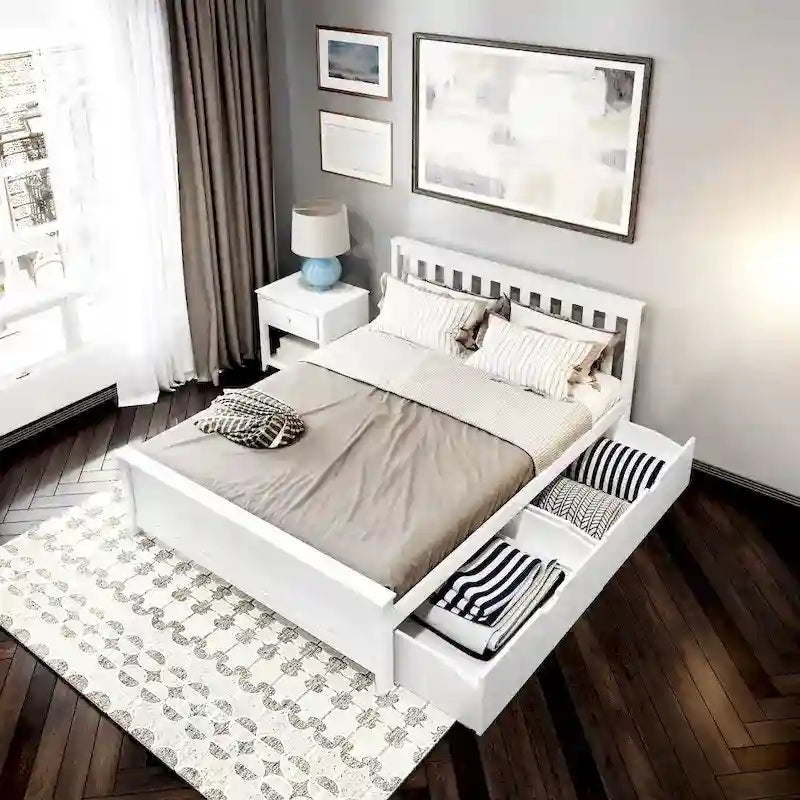 Queen Bed with Storage Drawers and Slat Headboard