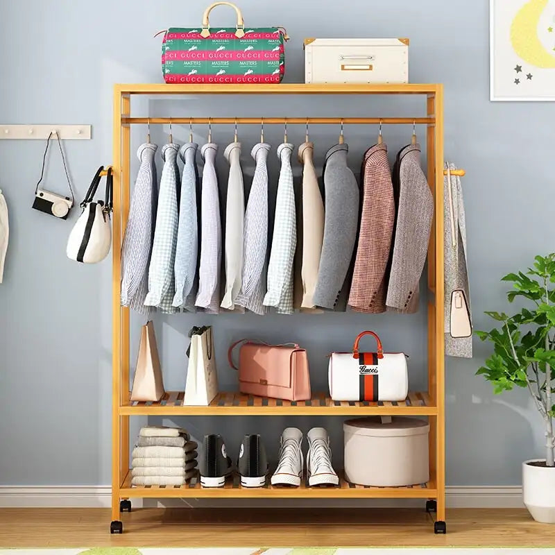 Rolling Clothes Garment Racks Bamboo Hanging Stand