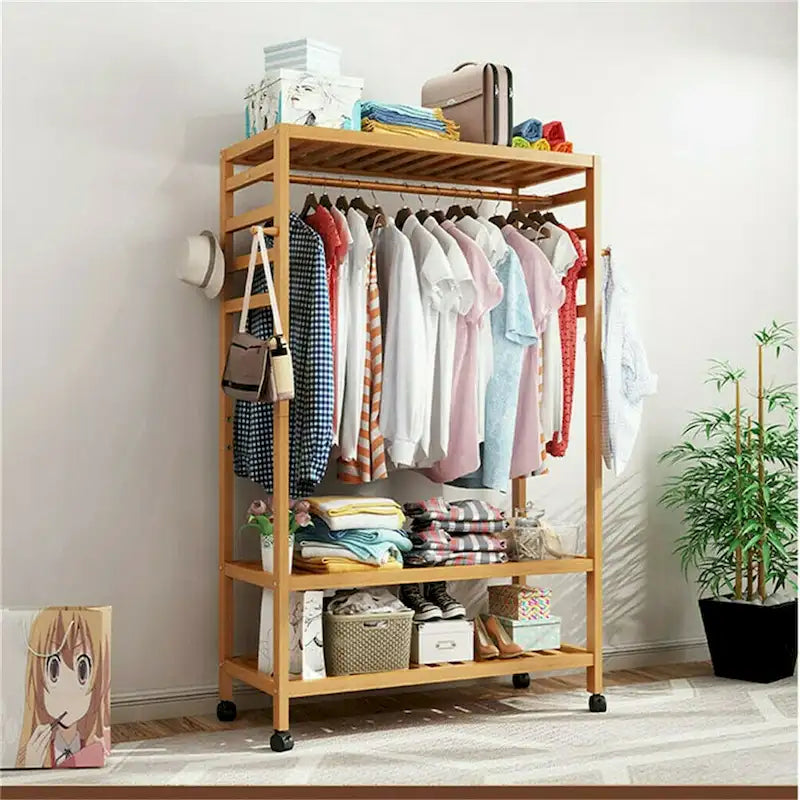 Rolling Clothes Garment Racks Bamboo Hanging Stand