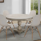 Table à manger 42 po, en bois de mangue fait à la main, piédestal, plateau moulé rond, blanc délavé, gris