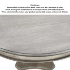 Table à manger 42 po, en bois de mangue fait à la main, piédestal, plateau moulé rond, blanc délavé, gris