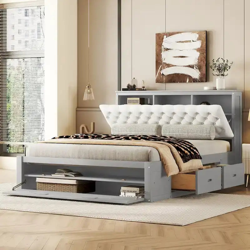 Platform Bed with Storage Headboard, shoe rack and 4 drawers